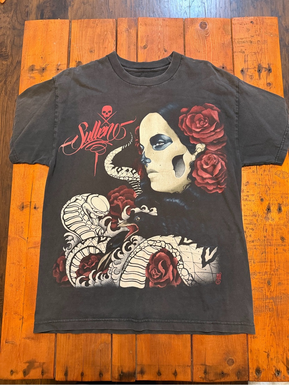 Sullen Black Short-Sleeve Graphic Tee with Rose & Snake Motif